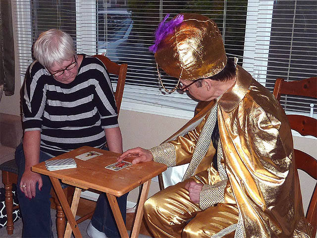 Birthday party tarot reading with elderly woman.