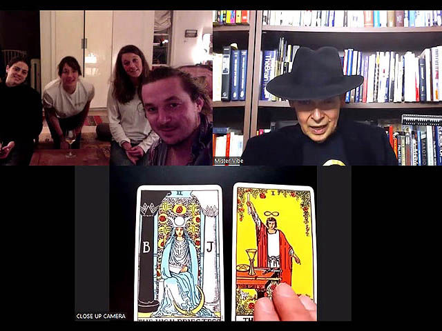 Zoom screen shot of virtual tarot reading showing cards, participants and reader.